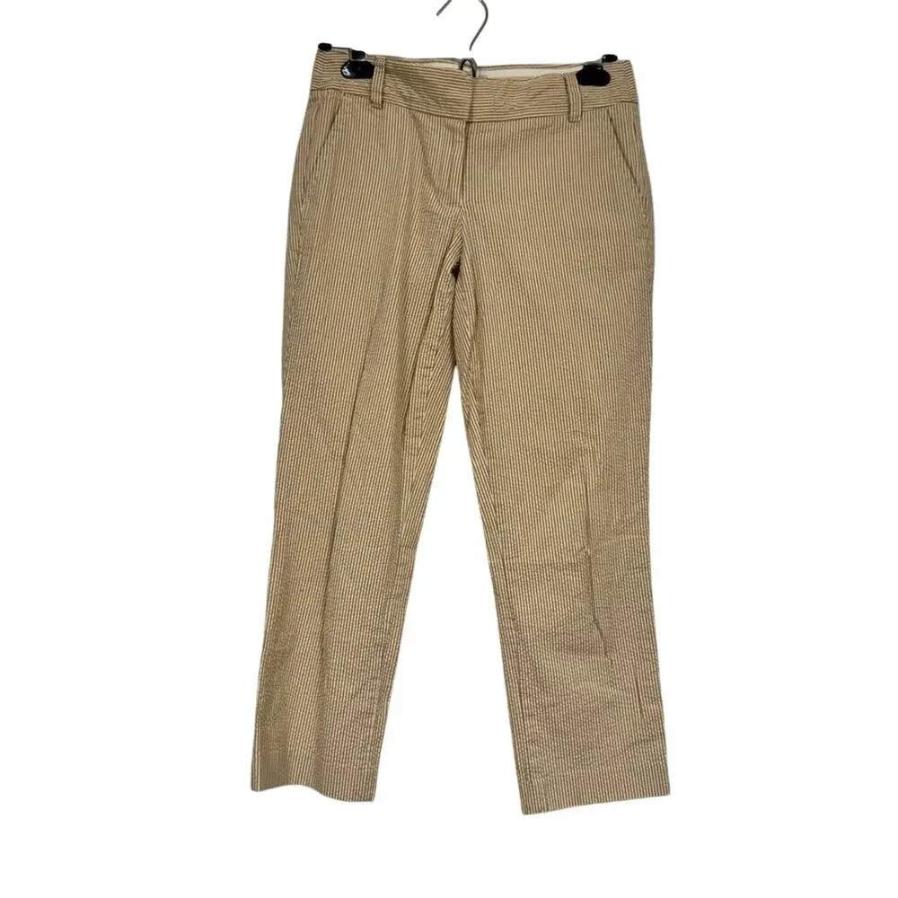 J Crew Tan White Stripe Seersucker Cropped Trouser Pants Womens 0 Beach Nautical